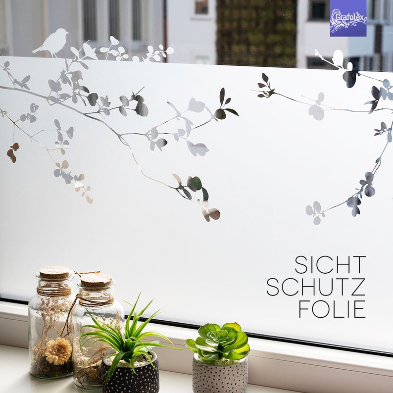 Sichtschutzfolie. Kreative Fensterfolie. Milchglasfolie mit Motiv Äste und Vogel g421 画像 4