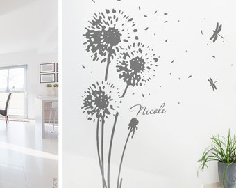 Tatouage mural pissenlit et nom souhaité - pissenlit sticker mural décoration murale pissenlit floral sticker mural décor vinyle nom w707