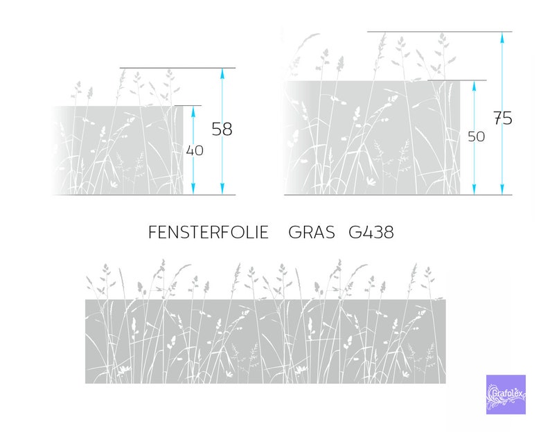 May include: A window film with a grass design. The film is 58 inches tall and 40 inches wide. The film is also available in a larger size, which is 75 inches tall and 50 inches wide. The film is called "GRAS G438".