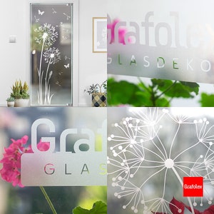 May include: A frosted glass window film with a dandelion design. The film is applied to a glass door and features a white dandelion with seeds blowing in the wind. The film is also available with a logo for "Grafoflex Glasdeko".
