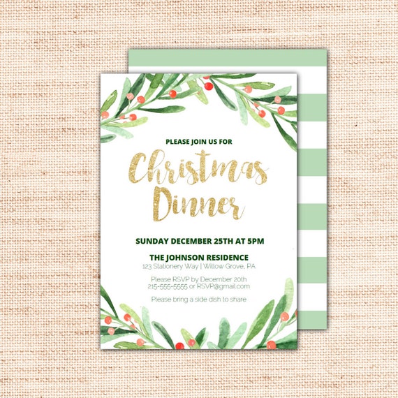 holly wreath christmas dinner invitations template printable etsy