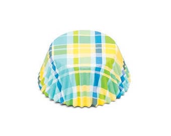 50 Count Plaid, Plaid Cupcake Liners, Yellow and Blue, Wedding, Bridal, Baby Shower, Madras Cupcake Liners, Party Supplies, Party