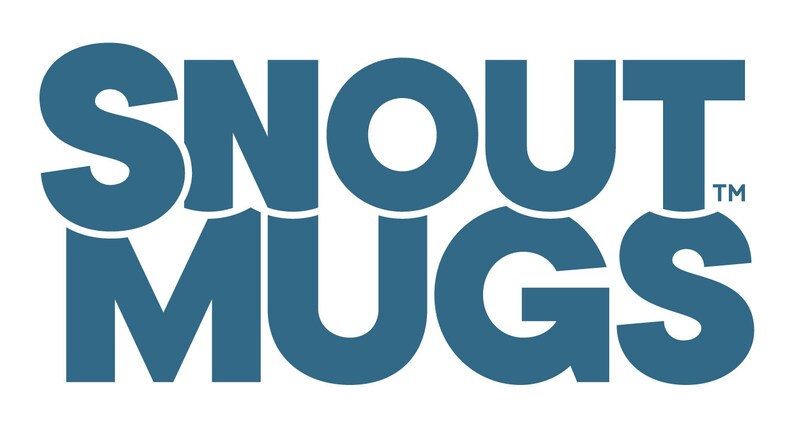May include: A logo for Snout Mugs, a company that makes dog mugs. The logo is in a dark blue color and the text 'Snout Mugs' is in a bold, sans-serif font. The word 'Snout' is stacked on top of the word 'Mugs'. The word 'Mugs' is slightly offset to the right of the word 'Snout'. The word 'Snout' has a slight wave pattern at the bottom of the letters. The word 'Mugs' has a slight wave pattern at the top of the letters. The logo has a trademark symbol (TM) to the right of the word 'Mugs'. 