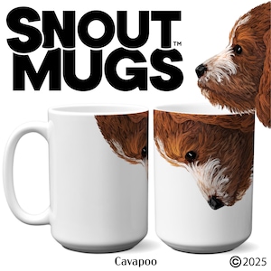 May include: White ceramic coffee mug with a brown and white Cavapoo dog peeking over the edge. The mug has the text "Snout Mugs" printed on the front. The text "Cavapoo" is printed below the mug.