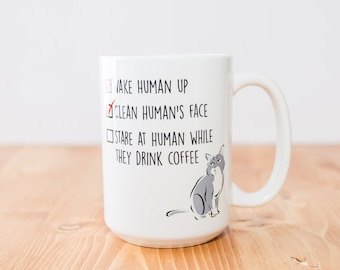 Funny Gray Cat Mug, Morning Cats, Coffee Cup for Cat Lovers