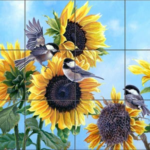 May include: A vibrant painting of sunflowers and birds against a blue sky. The sunflowers are in full bloom with bright yellow petals and dark brown centers. Three small birds with black and white markings perch on the flowers. The artwork is divided into multiple panels.
