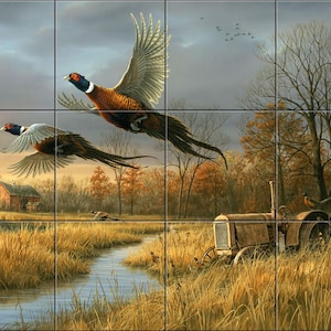 May include: A landscape painting featuring two pheasants in flight over a field and stream. The artwork depicts a rural scene with a barn, an old tractor, and autumn foliage. The sky is overcast.