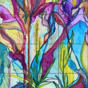 May include: A multi-panel wall art piece featuring an abstract watercolor painting with vibrant shades of magenta, deep purple, bright yellow, and turquoise blue. The composition displays flowing organic shapes and vertical plant-like forms.