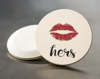 Funny Car Coaster, For Her, Sexy Red Lips , Funny Gift, Sandstone Set of 2, Engagement Wedding Gift