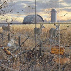 May include: A rural landscape painting featuring deer, a pheasant, and a fox in a field. A barn, silo, and barbed wire fence are also visible. A sign reads "No Hunting Without Written Permission."