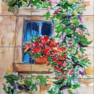 May include: A watercolor painting depicting a stone wall with a blue window frame. A terracotta pot filled with vibrant red flowers sits on the windowsill, surrounded by lush green climbing vines and foliage that cascade down the textured wall.