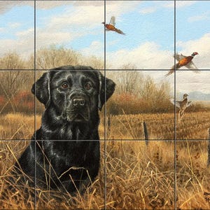 May include: A painting of a black Labrador Retriever sitting in tall, dry grass, with pheasants flying in a blue sky. The artwork has a rustic, outdoor theme, with a field and trees in the background.