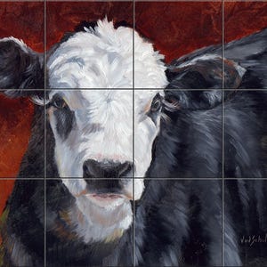 May include: A close-up painting of a cow's face, with a white head and black body. The cow is looking directly at the viewer. The background is a reddish-brown color. The painting is divided into nine tiles.