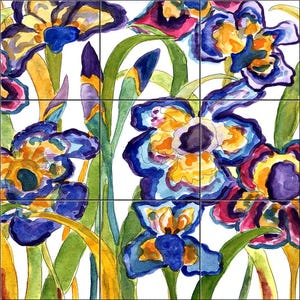 May include: Watercolor painting of irises in shades of blue, purple, yellow, and green. The flowers are in full bloom, with detailed petals and vibrant colors. The artwork is on a grid of tiles.