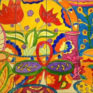 May include: A vibrant, colorful artwork composed of multiple square tiles. The design features stylized floral and botanical elements in shades of red, yellow, blue, and purple. The artwork has a whimsical, decorative style.