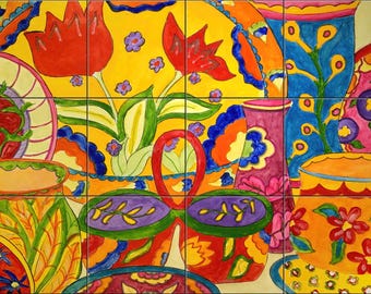May include: A vibrant, colorful artwork composed of multiple square tiles. The design features stylized floral and botanical elements in shades of red, yellow, blue, and purple. The artwork has a whimsical, decorative style.
