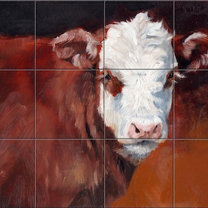 May include: Oil painting of a Hereford cow, featuring a white face and a reddish-brown body. The artwork is divided into nine tiles, creating a unique visual effect. The cow's gaze is direct, and the brushstrokes are visible.