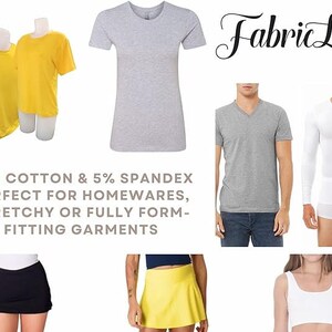 Puede incluir: Una colecci&oacute;n de camisetas lisas en amarillo y gris, una camiseta blanca de manga larga, una camiseta gris de cuello en V, un top blanco sin mangas, una minifalda negra y una minifalda amarilla. El texto "Fabric LA" es visible en la esquina superior derecha de la imagen. El texto "95% Algod&oacute;n & 5% Spandex Perfecto para art&iacute;culos para el hogar, ropa el&aacute;stica o de ajuste completo" es visible en la parte inferior de la imagen.