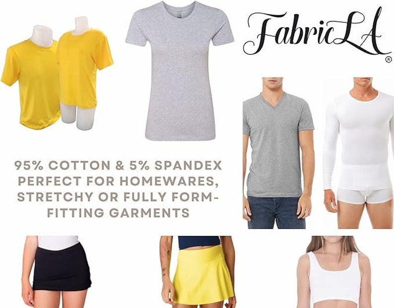 Puede incluir: Una colecci&oacute;n de camisetas lisas en amarillo y gris, una camiseta blanca de manga larga, una camiseta gris de cuello en V, un top blanco sin mangas, una minifalda negra y una minifalda amarilla. El texto "Fabric LA" es visible en la esquina superior derecha de la imagen. El texto "95% Algod&oacute;n & 5% Spandex Perfecto para art&iacute;culos para el hogar, ropa el&aacute;stica o de ajuste completo" es visible en la parte inferior de la imagen.