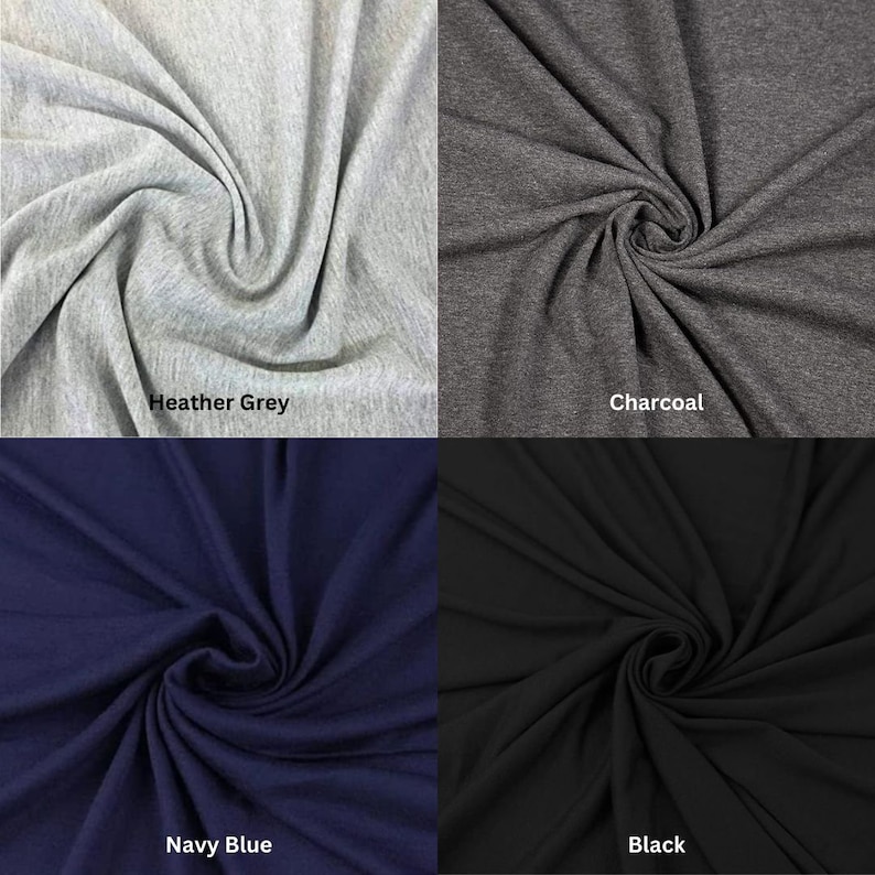 Puede incluir: Cuatro muestras de tela en diferentes colores: gris jaspeado, carb&oacute;n, azul marino y negro. La tela es un tejido suave y el&aacute;stico.