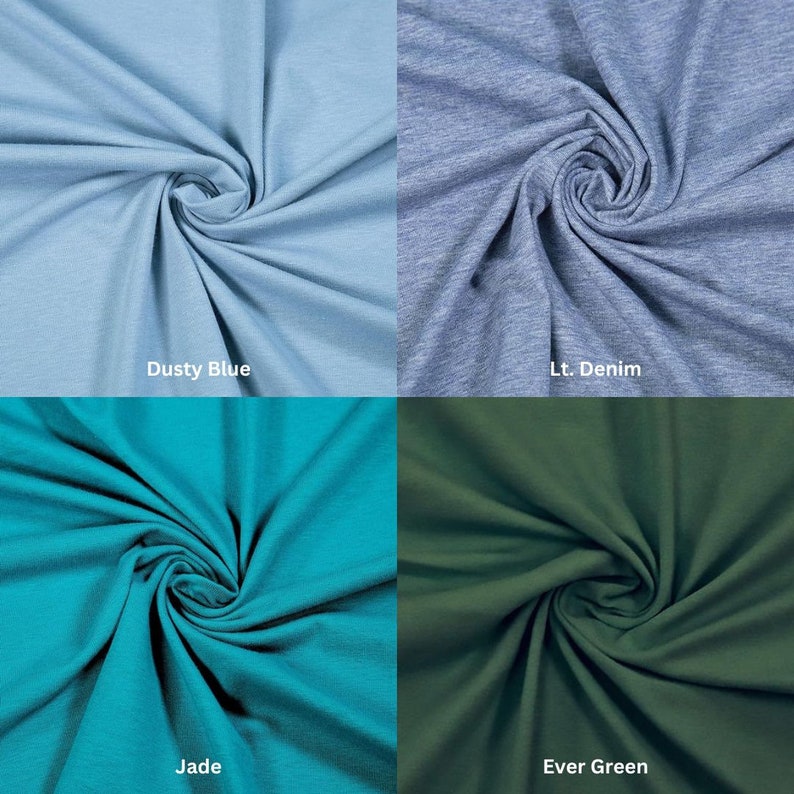 Puede incluir: Cuatro muestras de tela en diferentes colores: azul polvoriento, mezclilla clara, jade y verde esmeralda. La tela es un tejido suave y el&aacute;stico.