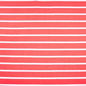 May include: Close-up of a fabric with a repeating pattern of horizontal stripes. The stripes alternate between a vibrant coral-red and crisp white, creating a bold and eye-catching design. The fabric appears to be a lightweight material, suitable for clothing or home decor.