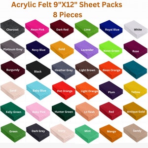 May include: A set of 24 acrylic felt sheets in various colors, each measuring 9 inches by 12 inches. The colors include charcoal, neon pink, dark red, lime, royal blue, white, platinum grey, navy blue, gold, lavender, neon green, rose, burgundy, black, heather grey, light brown, neon orange, sand, baby blue, hot orange, light orange, plum, yellow, kelly green, baby pink, hunter green, light flesh, red, antique gold, green, dark grey, ivory, mint, mango, and sandy.