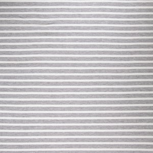 May include: A close-up of a fabric with horizontal stripes. The stripes alternate between light gray and white, creating a simple, yet visually appealing pattern. The fabric appears to be soft and likely used for clothing or home decor.