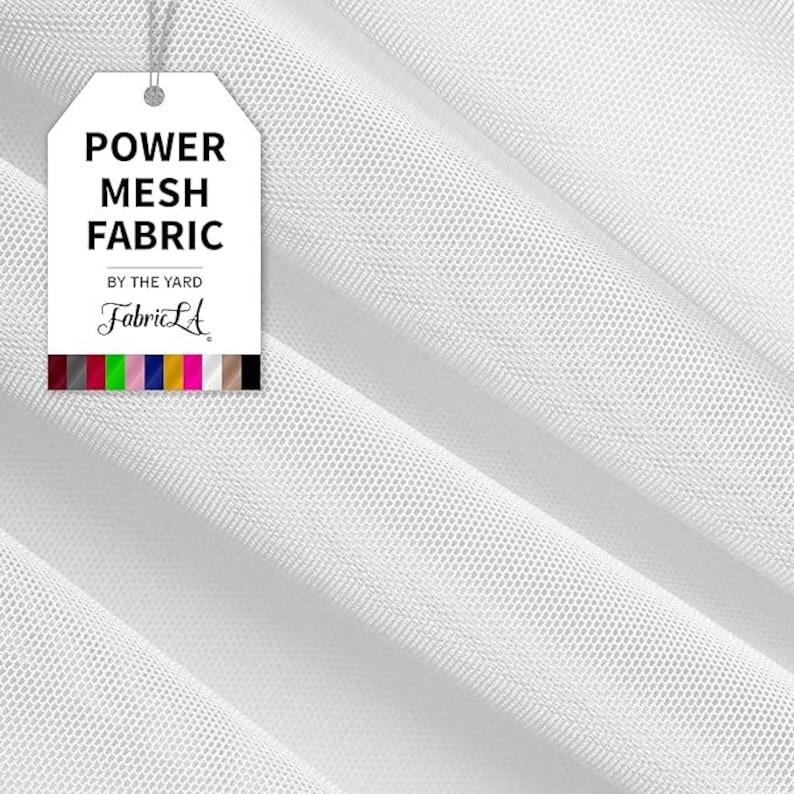 May include: White power mesh fabric with a fine, open weave. A tag reads "POWER MESH FABRIC" and "FabricLA" with a color palette. The fabric is draped, showing the texture and drape.
