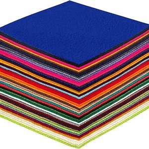May include: A stack of 50 felt squares in various colors, including red, orange, yellow, green, blue, purple, pink, brown, black, and white. The squares are arranged in a neat pile, with the top square being a bright blue.
