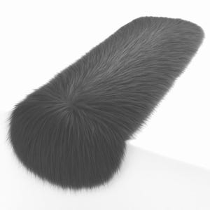 May include: A long, gray, fluffy pillow with a rounded shape. The pillow is made of faux fur and is perfect for adding a touch of softness and comfort to any room.