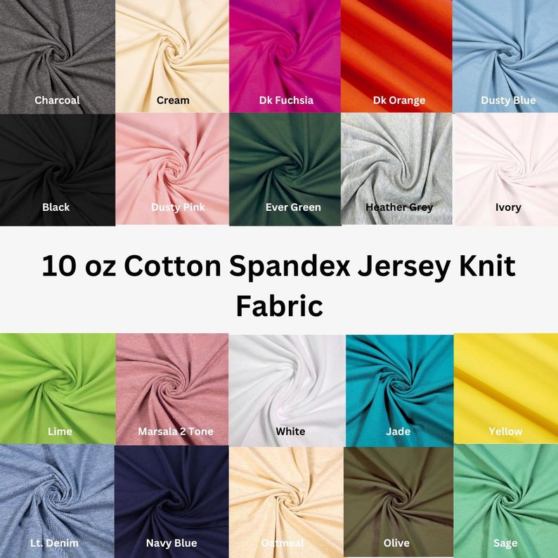 Puede incluir: Una carta de muestras que muestra 20 colores diferentes de tejido de punto de jersey de algod&oacute;n y spandex de 10 oz. Los colores incluyen carb&oacute;n, crema, fucsia, naranja, azul polvoriento, negro, rosa polvoriento, verde siempre verde, gris jaspeado, marfil, lima, marsala, blanco, jade, amarillo, mezclilla clara, azul marino, avena, oliva y salvia.