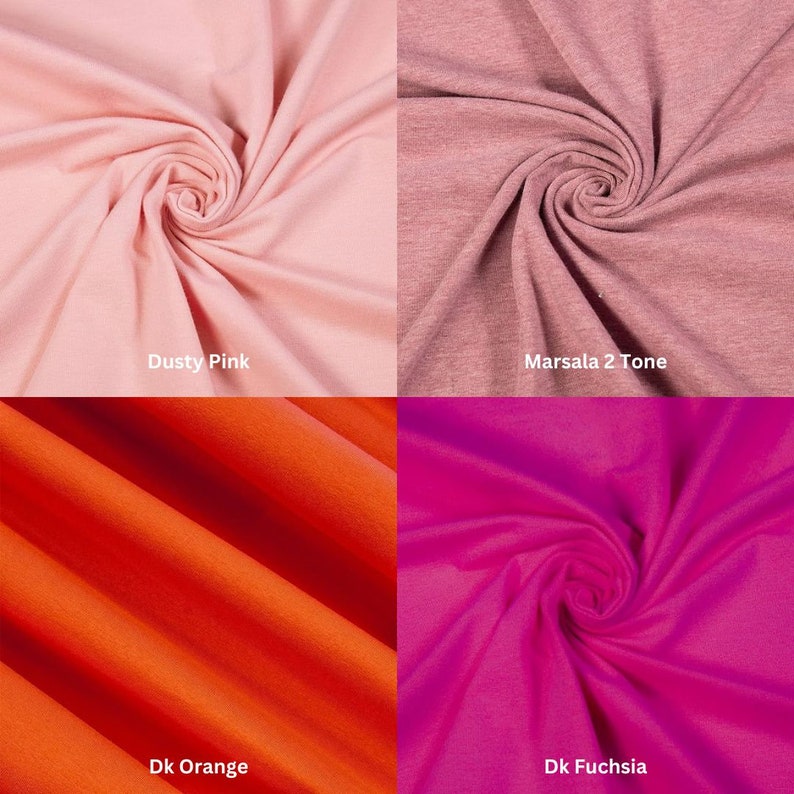 Puede incluir: Cuatro muestras de tela en diferentes colores: rosa polvoriento, marsala 2 tonos, naranja oscuro y fucsia oscuro. La tela es lisa y tiene un ligero brillo.