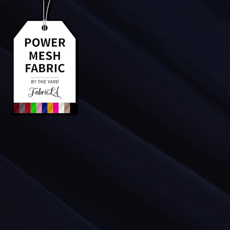 May include: Close-up of navy blue power mesh fabric. A white tag with the text "POWER MESH FABRIC" and "BY THE YARD" is attached. The tag also displays a color palette of various colors. The fabric has a textured, open weave.