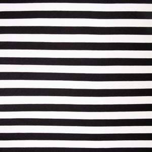 May include: A fabric with a bold pattern of horizontal black and white stripes. The stripes are of equal width, creating a classic and graphic design. The alternating pattern provides a strong visual contrast.