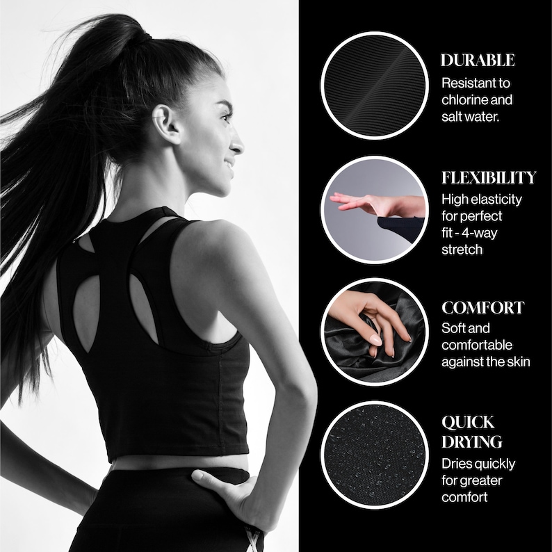 Puede incluir: Top deportivo negro con dise&ntilde;o de espalda nadadora. El top est&aacute; hecho de una tela duradera, de secado r&aacute;pido y c&oacute;moda que es resistente al cloro y al agua salada. La tela tambi&eacute;n es flexible y proporciona un estiramiento de 4 v&iacute;as.