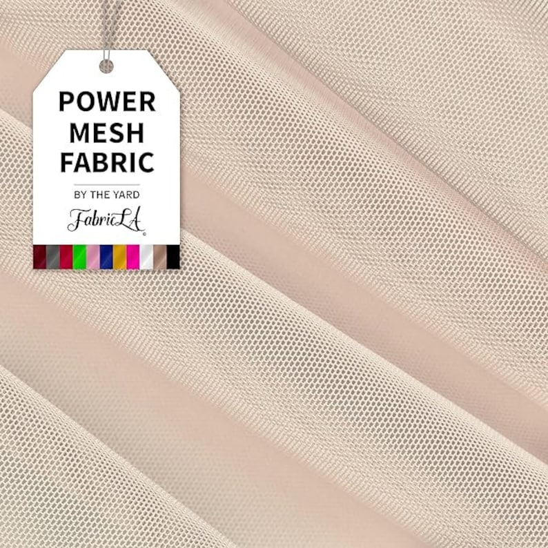 May include: Beige power mesh fabric, displayed in diagonal folds. A white tag reads "POWER MESH FABRIC" and "BY THE YARD FabricLA" with a color swatch. The fabric has a fine, open weave, suitable for various apparel and craft projects.