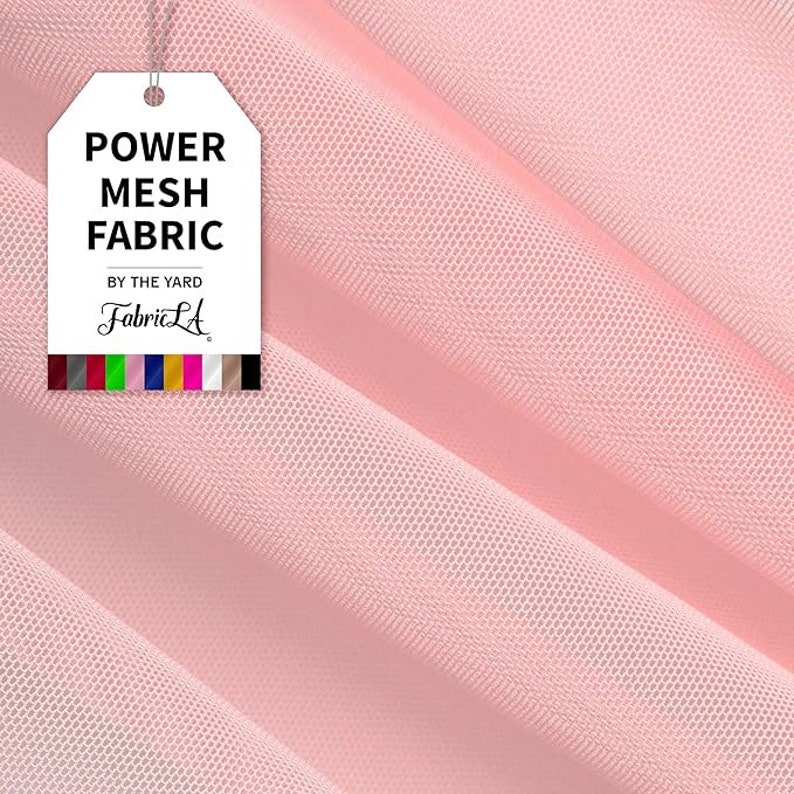 May include: A close-up of pink power mesh fabric. A white tag with the words "POWER MESH FABRIC" and "BY THE YARD" is attached to the fabric. The brand name "FabricLA" is also visible on the tag. A color palette is at the bottom of the tag.