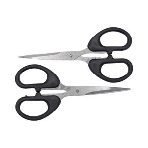 May include: Two pairs of scissors with black handles and silver blades. The scissors are designed for cutting and feature a classic loop handle design. The blades are sharp and pointed, suitable for various cutting tasks.