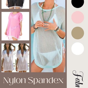 May include: The image showcases various sheer cover-ups in black, pink, and white, along with a light blue cover-up. The cover-ups have details like pom-pom trim and lace. The image also includes the text "Nylon Spandex Power Mesh DIY Ideas."