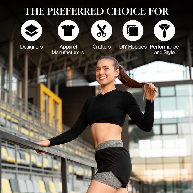 Puede incluir: Una mujer con un top corto de manga larga negro y pantalones cortos deportivos negros y grises. Est&aacute; de pie en un estadio con asientos amarillos y grises. La imagen tiene el t&iacute;tulo "The Preferred Choice For" con iconos que representan a dise&ntilde;adores, fabricantes de ropa, artesanos, pasatiempos de bricolaje y rendimiento y estilo.