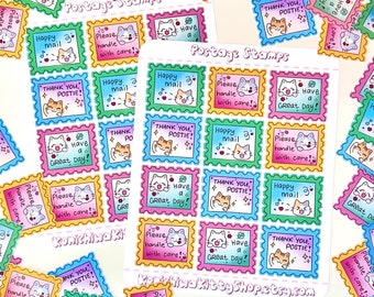 Care parcel kitty postage stamp stickers kawaii style cat colourful rainbow sticker sheet happy mail thank you postie have a great day label