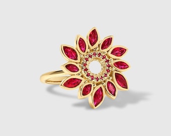 Ruby Flower Ring in 14K or 18K Solid Yellow Gold