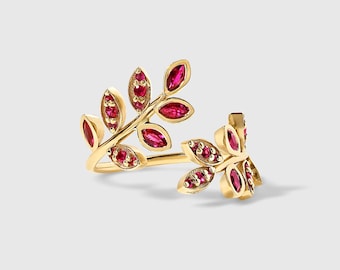 Ruby Floral Vine Bypass Ring – 14K Yellow Gold-Leaf Ring