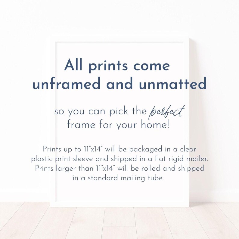 May include: White framed print with blue text. The text states: "All prints come unframed and unmatted so you can pick the perfect frame for your home!" Further text details packaging for prints up to 28x36cm and larger.