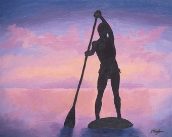 SUP Art Print ~ SUP Poster ~ "Stand Up Paddle Boarder at Sunset" ~ Stand Up Paddle Art ~ SUP Painting Reproduction
