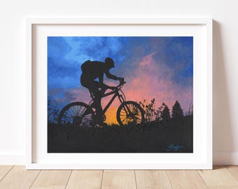 Mountain Bike Art, Biking Wall Art, Mountain Biking Poster, Biking Painting, Gift for Mountain Biker, Sunset Biking Print, Colorado Art