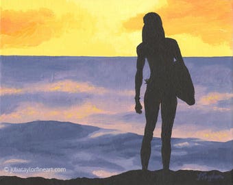 Surfer Girl, Gift for Surfer Girl, Beach Sunset Gift, Surfer Girl Gifts, Beach Sunset Wall Art, Beach Surf Gift, Original Surfer Painting