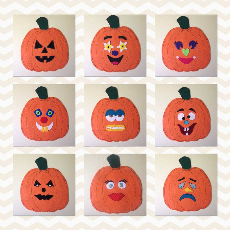 May include: Nine felt orange pumpkins with different facial expressions. The pumpkins have various features, including eyes, noses, mouths, and teeth.