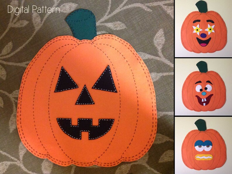 May include: Three orange felt pumpkins with different facial expressions. The first pumpkin has a happy face with white flowers for eyes. The second pumpkin has a surprised expression with a blue tongue sticking out. The third pumpkin has a sad expression with blue eyes and a frown.